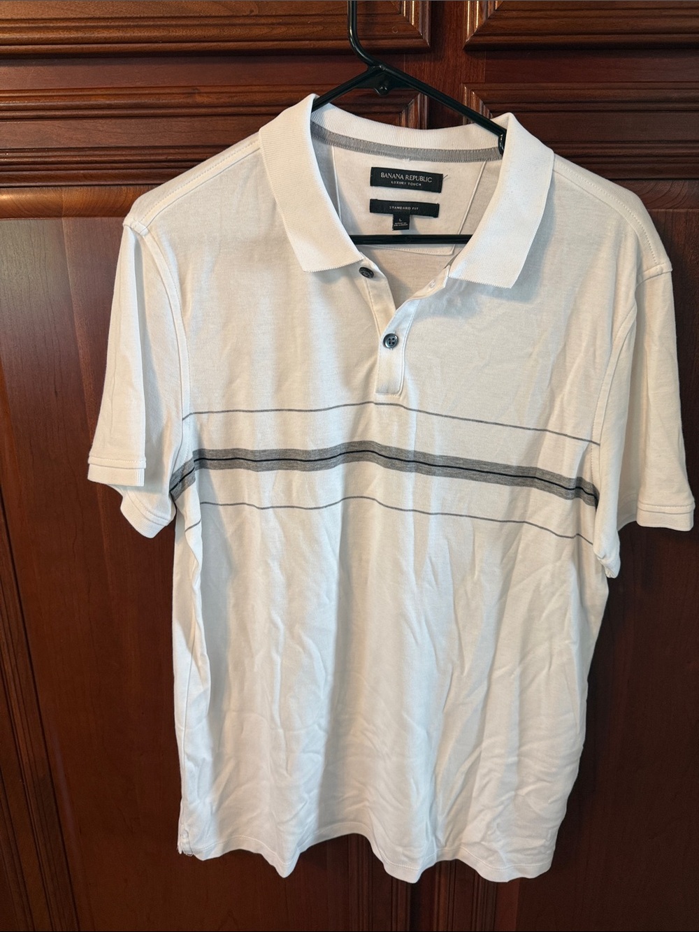 Banana Republic White Polo with Gray Chest Stripes